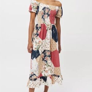 Urban Outfitters Patchwork Floral Smocked Midi Dress - Puff Sleeve